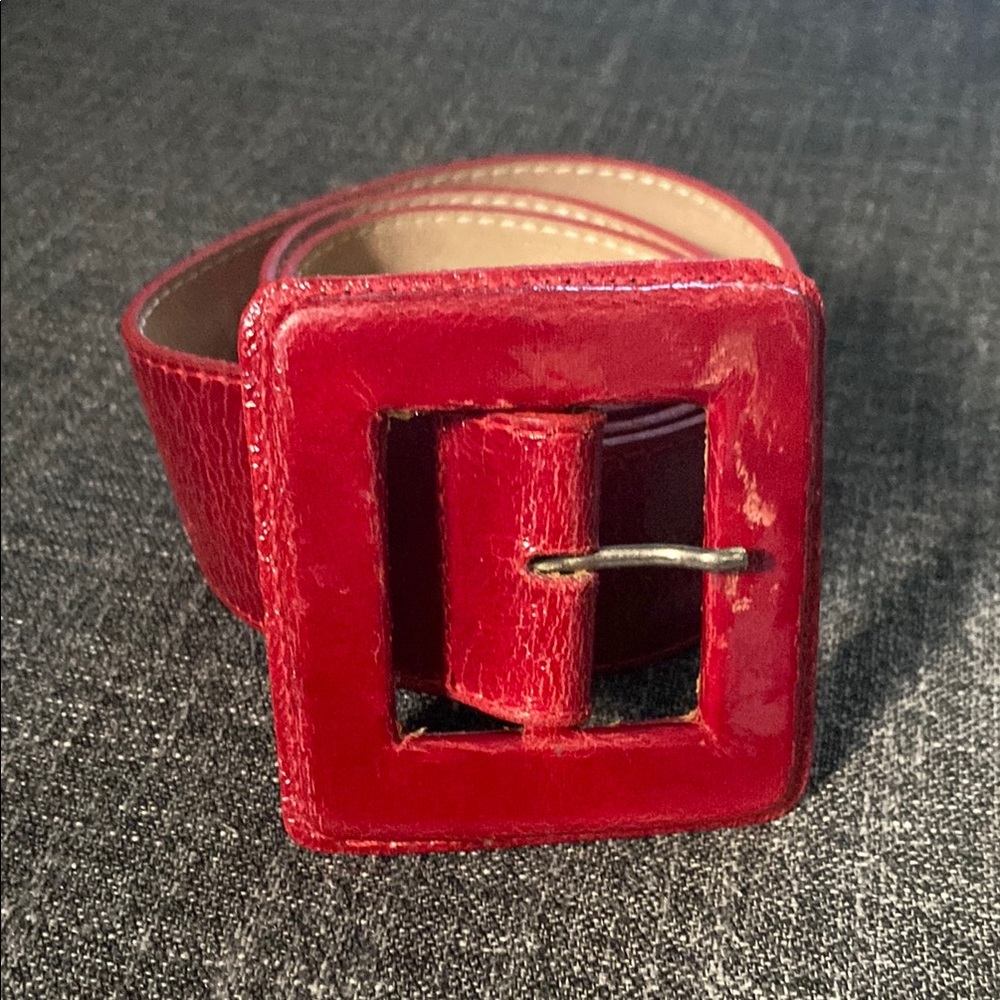 Cache Red Crackle Effect Patent Leather Square Buckle Geometric Belt Large